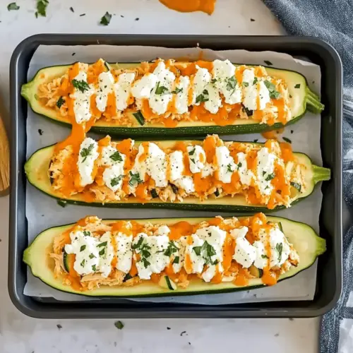 High Protein Buffalo Chicken Stuffed Zucchini Boats