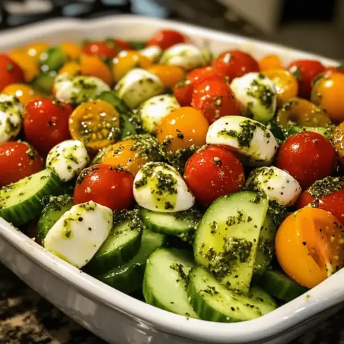 Tomato Cucumber Avocado Salad with Mozzarella and Basil Pesto