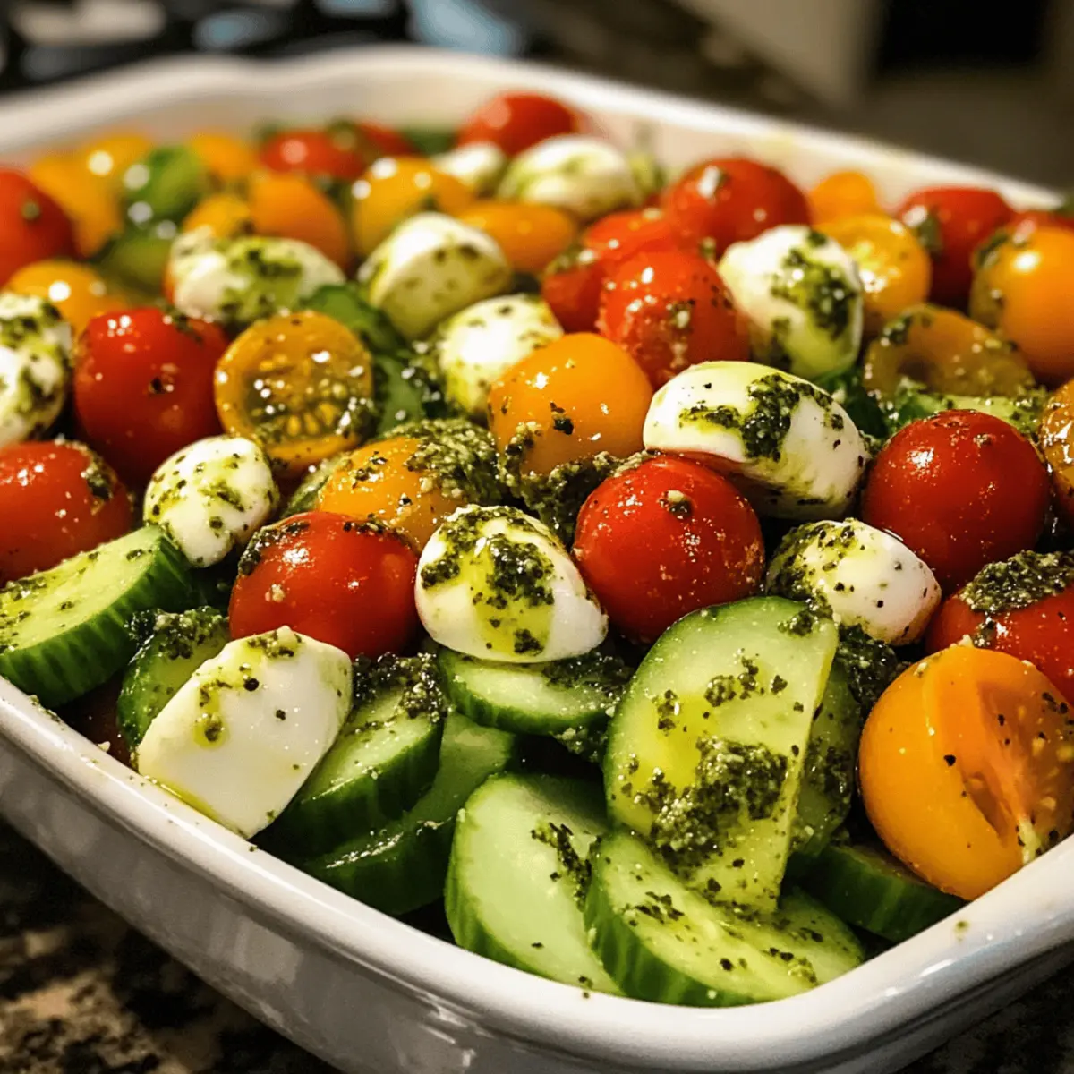 Tomato Cucumber Avocado Salad with Mozzarella and Basil Pesto