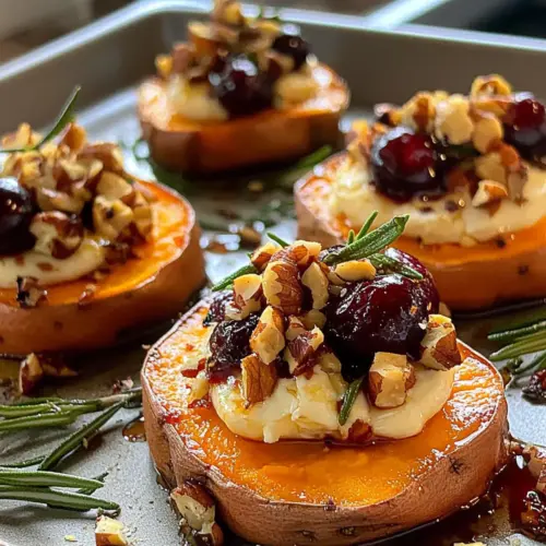 Roasted Sweet Potato Rounds with Brie and Cherry Walnut Topping