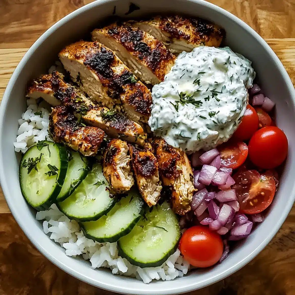 Chicken Gyro Bowls with Fluffy Rice and Creamy Tzatziki